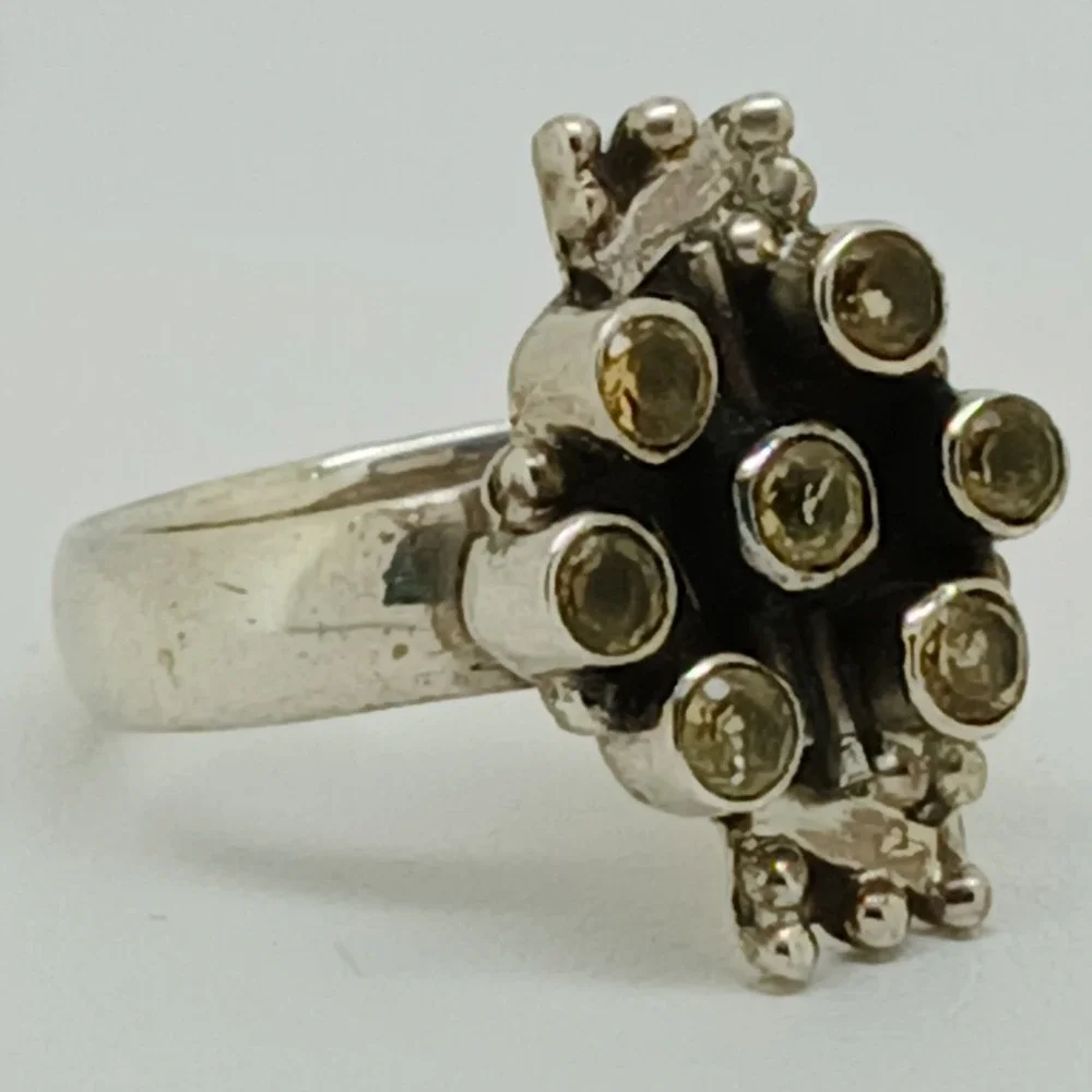 Artisan Crafted 925 Sterling Silver Citrine Cluster Ring Thailand 1990s Size 9.5